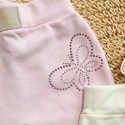 Kit 3 Calças - Borboletas de Strass - Rosa,Off White e Verde